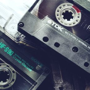 black audio tapes in close up view